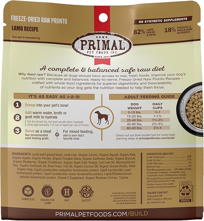 Primal Freeze Dried Dog Food Pronto, Lamb; Scoop & Serve, Complete & Balanced Meal; Also Use as Topper or Treat; Premium, Healthy, Grain Free, High Protein Raw Dog Food (25 oz, 2-Pack)