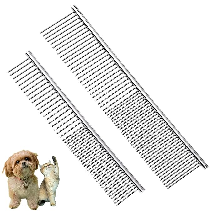 2PCS Dog and Cat Brush, Stainless Steel Pets Grooming Comb Kit, Detangler Deshedding Brush, Metal Knots Hair Remover 6.4" 7.5"