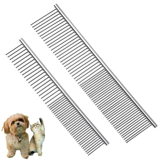 2PCS Dog and Cat Brush, Stainless Steel Pets Grooming Comb Kit, Detangler Deshedding Brush, Metal Knots Hair Remover 6.4" 7.5"