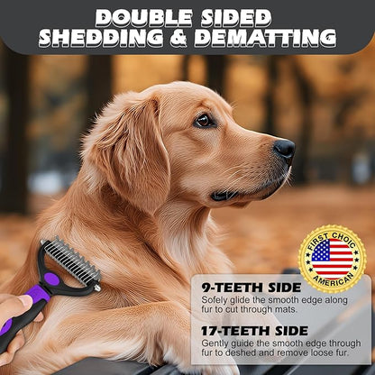 3PCS Premium Dog Grooming Kit - I Deshedding Brush & Metal Comb for Dogs & Cats (Purple Black)