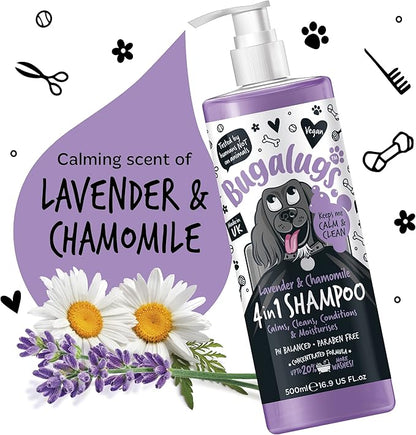Dog Shampoo by Bugalugs Lavender & Chamomile 4 in 1 Dog Grooming Shampoo Products for Smelly Dogs with Fragrance, Best Puppy Shampoo, Vegan pet Shampoo & Conditioner