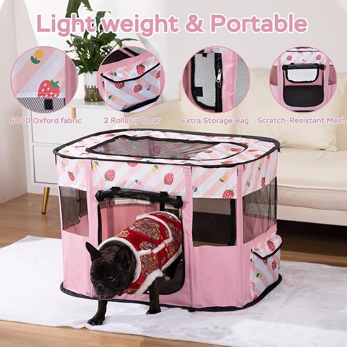 Portable Foldable Pet Playpen Collapsible Crates Kennel Playpen for Dog cat and Rabbit &Travel playpen Outdoor or Indoor (M, Pink)