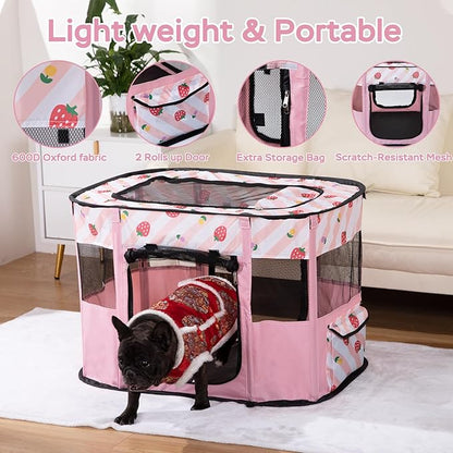 Portable Foldable Pet Playpen Collapsible Crates Kennel Playpen for Dog cat and Rabbit &Travel playpen Outdoor or Indoor (M, Pink)