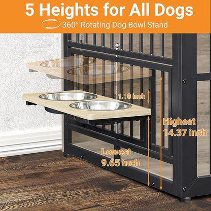 Dog Crate Furniture, 48 Inch Dog Kennel Furniture, Wooden _og Crate Furniture Large Breed with Rotating _og Bowls, Heavy Duty _og Cage Furniture Indoor,Decorative Dogs Crates End Table,Gray