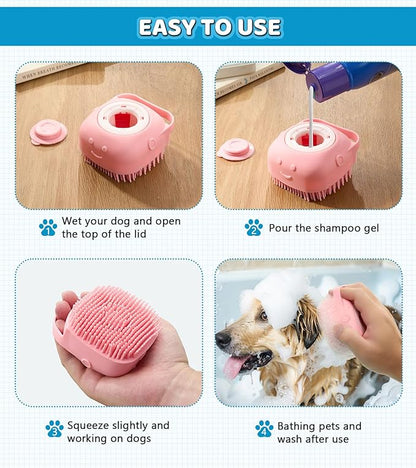 4PCS Dog Bath Brush Pet Shampoo Brush with Adjustable Ring Handle Soft Massage Dispenser Brush for Short Long Haired Dogs Cats Showering(Pink Pink Yellow)