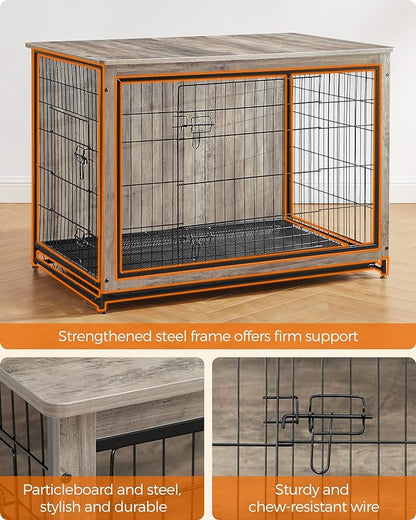 Feandrea Dog Crate Furniture, 44.1" Side End Table, Modern Kennel for Dogs Indoor up to 80 lb, Heavy-Duty Dog Cage with Multi-Purpose Removable Tray, Double-Door Dog House, Greige UPFC004G01