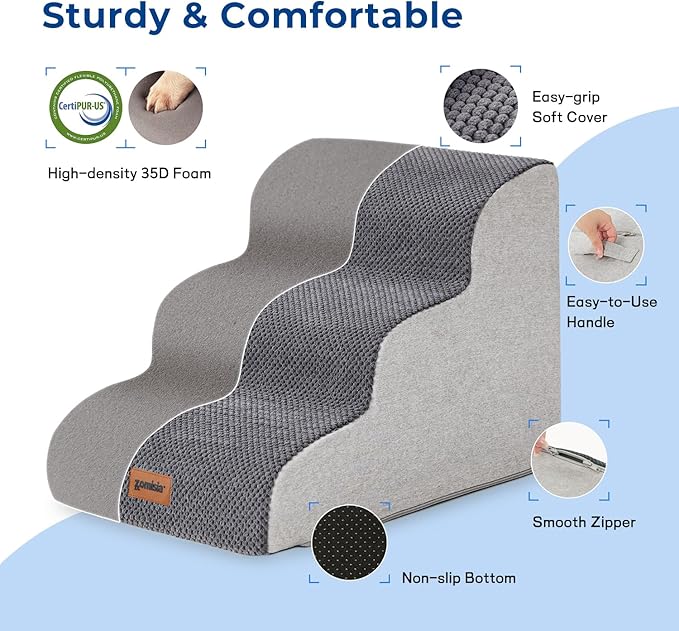 Dog Stairs for Small Dogs - Pet Stairs for Couch and Bed, 35D Foam Dog Steps with Non-Slip Bottom Dog Ramp Grey, 3 Steps