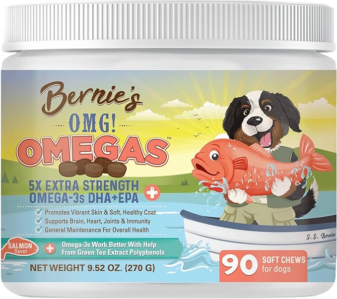 Bernie_ OMG! Omegas Chews for Dogs - 5X Extra Strength DHA+EPA, Fish Oil, Healthy Skin & Coat, Allergy Relief, Joint Supplement (Salmon Flavor)