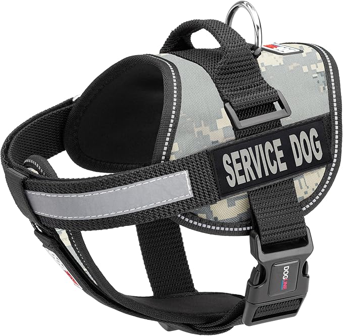 Dogline Unimax Service Dog Harness Vest with Removable Service Dog Patches Adjustable Straps Breathable Neoprene for Medical Identification Training Dogs Girth 15 to 19 in Urban Camo