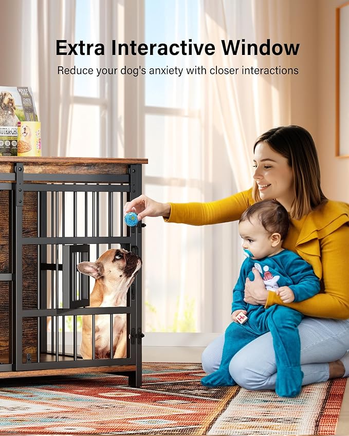 Furniture Dog Crate for Medium Dogs: Interactive Window for Anxiety Dogs, 360°Rotatable & Elevated Bowls, Heavy Duty Wooden Dog Kennel/Cage for Indoor, Double Door with Sliding Door