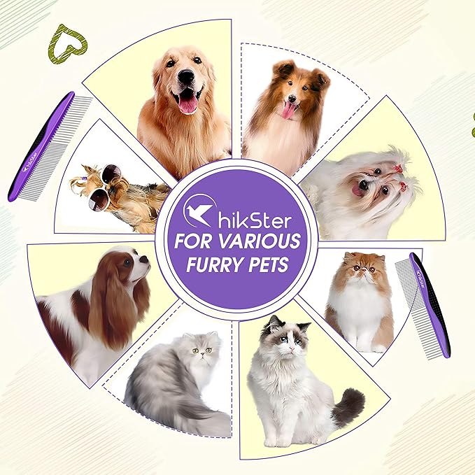 Dog Comb for Grooming Pet Comb with Stainless Steel Rounded Teeth Rubber Handle for Large Medium & Small Cat Comb Removes Knots & Tangled Hair