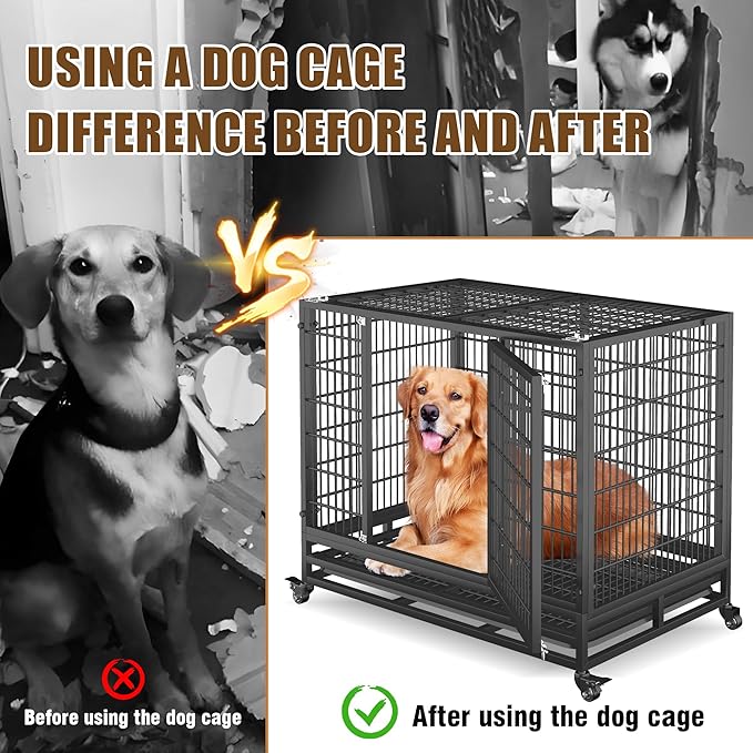 38" Heavy Duty Dog Crate,Robust Stable Dog Kennel,Suitable for High Anxiety Escape Proof Dog Crate,Two-Door Design Small Dog Crate with Locking Wheels,for Small Dog,Black.