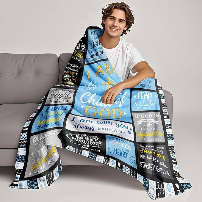 Christian Gifts for Men, Baptism Gifts for Boys, Christian Blanket for Men Faith, Bible Verse Inspirational Religious Catholic Spiritual Gift for Man, Dad, Son, Soft Flannel Throw Blanket 50"x40"