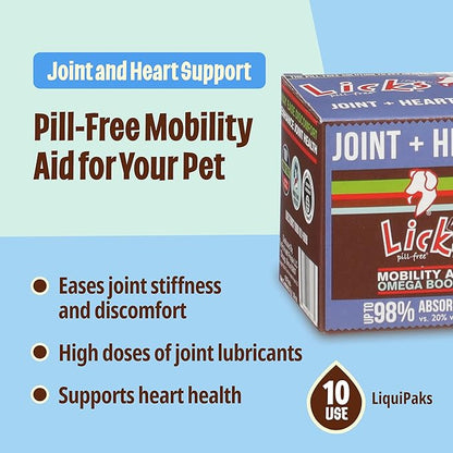 Licks - Dog Joint + Heart Supplement - Omega 3 Fish Oil + Glucosamine - LiquiPaks - 10 Use