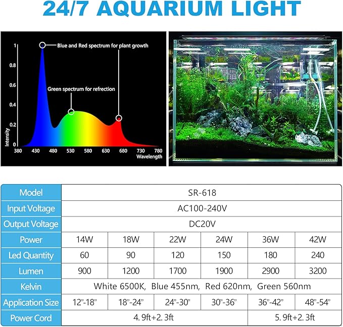 SEAOURA 24/7 Mode Led Aquarium Light for Plants Growth- Sunrise to Moonlight, 7 Colors, Adjustable Timer/Brightness, Full Spectrum Fish Tank Lights for 48 Inch to 54 Inch Tank, 42W