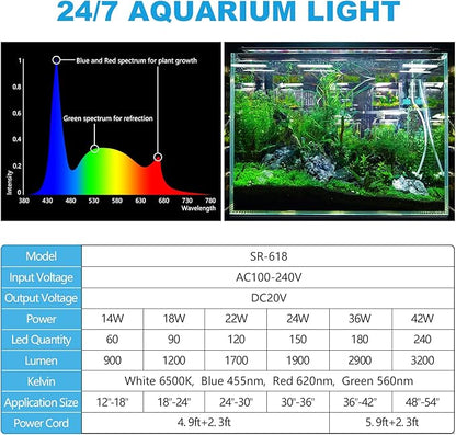 SEAOURA 24/7 Mode Led Aquarium Light for Plants Growth- Sunrise to Moonlight, 7 Colors, Adjustable Timer/Brightness, Full Spectrum Fish Tank Lights for 48 Inch to 54 Inch Tank, 42W