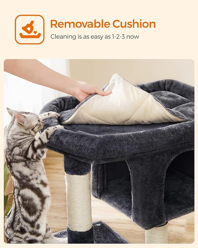 Feandrea Cat Tree, 33.1-Inch Cat Tower, L, Cat Condo for Large Cats up to 16 lb, Large Cat Perch, 2 Cat Caves, Scratching Post, Smoky Gray UPCT61G