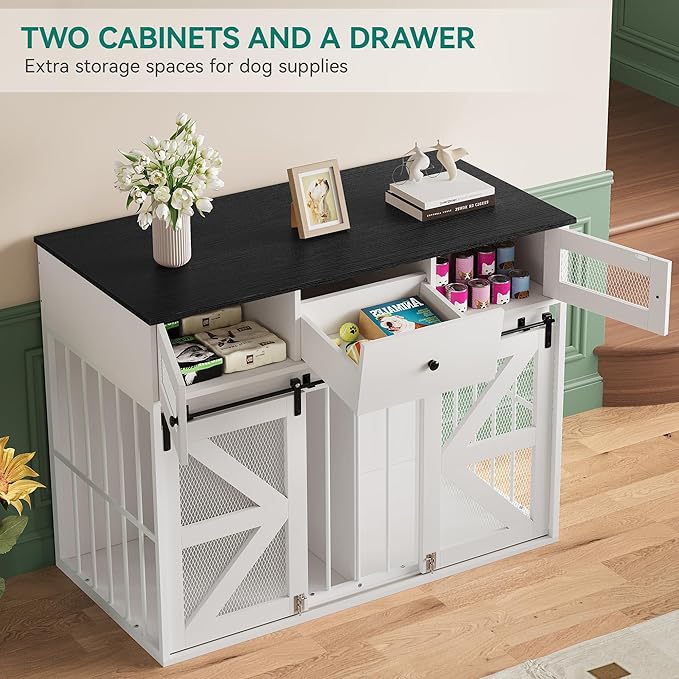 YITAHOME 48" Wooden Dog Crate Furniture with Removable Divider, Large Dog Kennel with Drawers, Double Doors & Locks Design, Dog Crate Furniture TV Stand for Medium Large Dogs