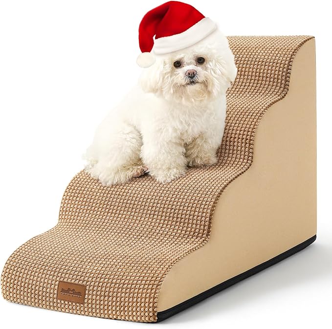 Dog Stairs for Small Dogs 19.7" H, Pet Step with Leakproof Cover, High Density Foam Cat Ramp for Bed, Couch or Sofa, Lightweight, Durable, Comfort, 15.7x28.3x19.7 inch, 4 Tiers, Light Brown