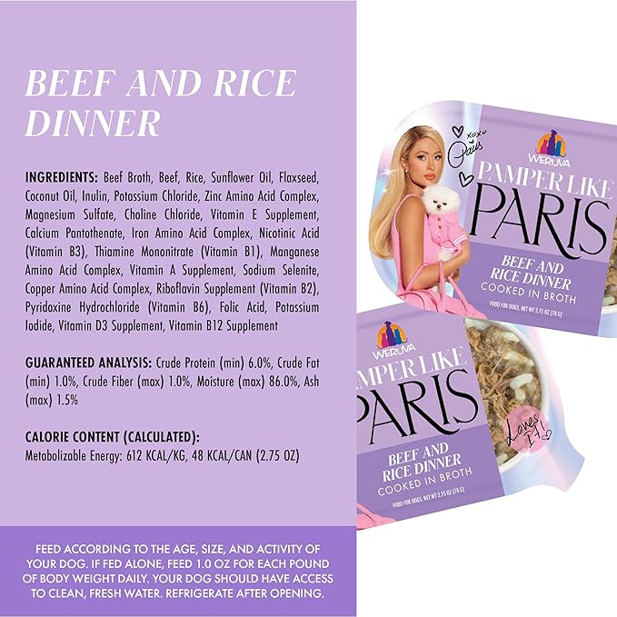 Weruva Paris Hilton Pamper Like Paris Natural Wet Dog Food, Beef and Rice, 2.75oz Cup (Pack of 10)