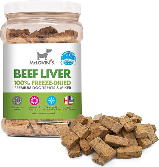 McLovin's Pet Freeze Dried Raw Beef Liver Dog Treats and Toppers, 12 oz. Canister - Single Ingredient, Grain-Free, Gluten-Free, High-Protein Treat  Healthy Dog Training Treats