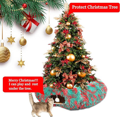 LUCKITTY Christmas Warm Fluffy Plush Cat Dog Tunnel Bed with Washable Cushion- Big Tube Playground Toys 3 FT Diameter Collapsible, for Indoor Cat Kitty Kitten Puppy Rabbit Ferret, Green-Red