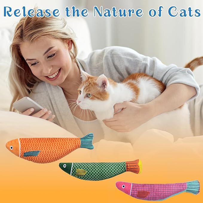 Soft Catnip Toys Fish, 3 Pack Bell Sound Cat Toys, Interesting Indoor Cat Kicker Toys, Durable and Highly Interactive Catnip Toys (Saury Fish)