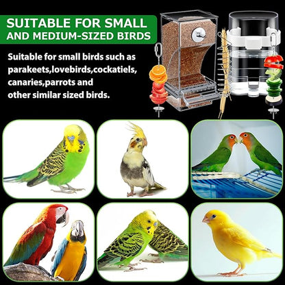 7 Pcs No Mess Bird Feeders Set Automatic Clear Parrot Feeder and Watered Dispenser Cage Accessories Stainless Steel Parrot Fruit Vegetable Skewer Foraging for Lovebirds Budgies Canary Finch