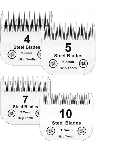 10+7+5+4 Skip Tooth Blades,Detachable Pet Dog Grooming Steel Blade Compatible with Oster A5,Wahl KM10 Series Clippers,Cut Length 1/8-Inch (3.2mm)，4 Pack