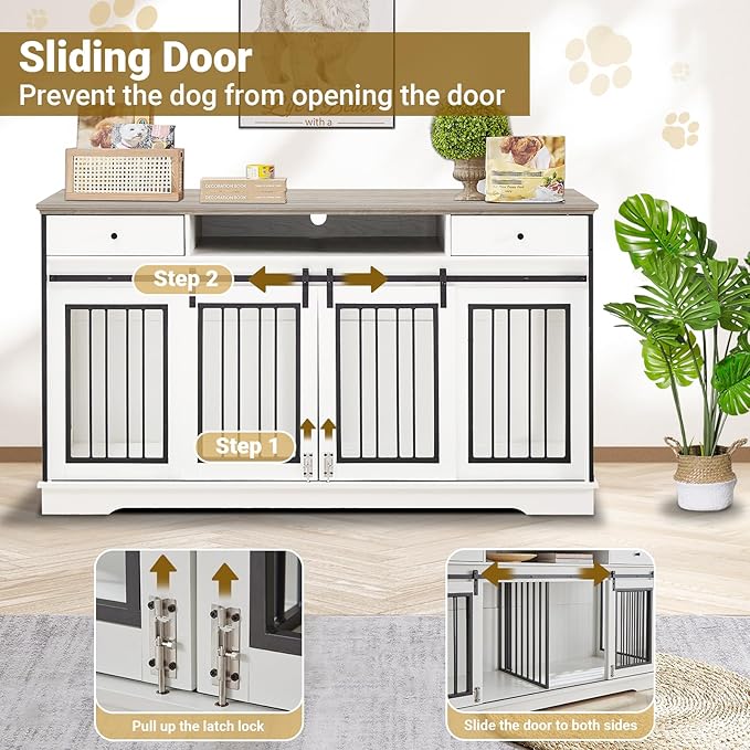 Rovibek 66" Double Dog Crate Furniture, Large Dog Kennel Furniture TV Stand for 2 Dogs, Furniture Style Dog Crates End Table, Wood Crates for Dogs White