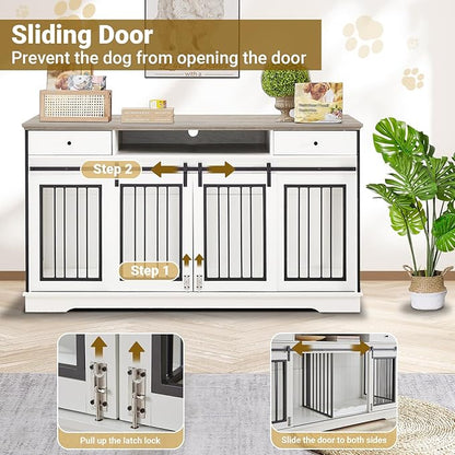 Rovibek 66" Double Dog Crate Furniture, Large Dog Kennel Furniture TV Stand for 2 Dogs, Furniture Style Dog Crates End Table, Wood Crates for Dogs White