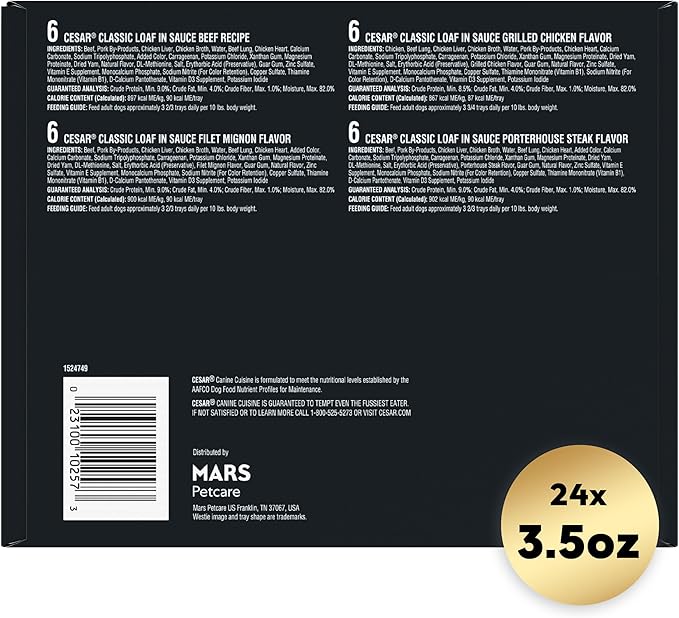 Cesar Wet Dog Food Classic Loaf in Sauce Beef Recipe, Filet Mignon, Grilled Chicken and Porterhouse Steak Variety Pack, 3.5 oz. Easy Peel Trays (24 Count, Pack of 1)