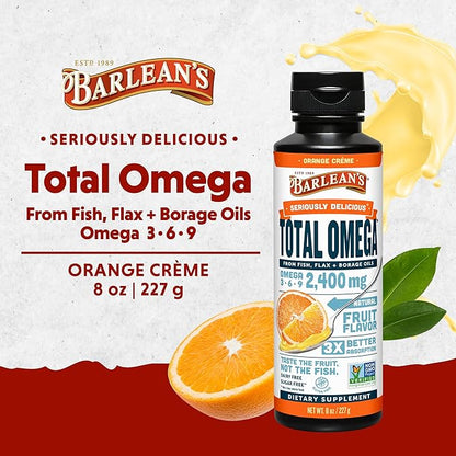 Barlean's Total Omega 3 6 9 Orange Crème Liquid Fish Oil Supplement with Borage and Flaxseed Oil, 2,400 mg of Omegas EPA and DHA Plus GLA for Joint and Heart Health, 8 oz