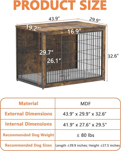 Piskyet Dog Crate Furniture with Cushion,Heavy-Duty Reinforced Metal Mesh,44" Wooden Dog Crate End Table with Double Doors,Indoor Dog Kennel,Dog Cage Side Table for Large Breed,Rustic Brown