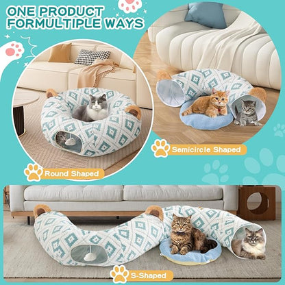 Cat Tunnel Bed with Soft Cushion, Cat Donut Tunnels for Indoor Cats, Peekaboo Cat Cave Toy, Multifunctional Playground Toys for Kittens, Rabbit, Blue Jacquard Pattern