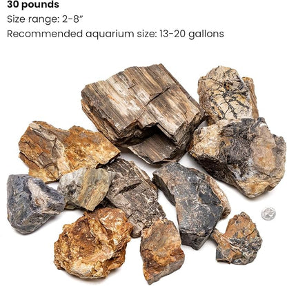 SubstrateSource Natural Stone for Aquarium, Terrarium, Paludarium, Reptile Enclosures - Set of Decorative Rocks for Landcapes, Aquascaping, Fish Tank Decor (Petrified Wood Stone, 30 Pounds, 2-8")