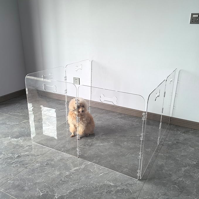 Acrylic Dog Playpen for House 6 Panels 120" W x 24" H Preassemble Foldable Clear Dog Gate Indoor with Handles, Free-Standing Pet Fence for Doorways Dog Pen for Medium Dogs Puppy Cat Rabbit