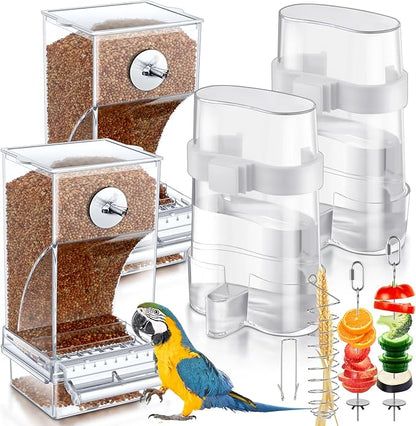 7 Pcs No Mess Bird Feeders Set Automatic Clear Parrot Feeder and Watered Dispenser Cage Accessories Stainless Steel Parrot Fruit Vegetable Skewer Foraging for Lovebirds Budgies Canary Finch