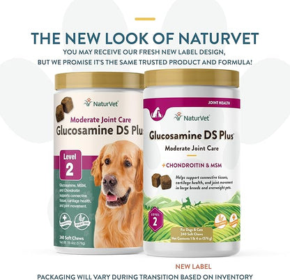 NaturVet  Glucosamine DS Plus - Level 2 Moderate Care  Supports Healthy Hip & Joint Function  Enhanced with Glucosamine, MSM & Chondroitin  for Dogs & Cats  240 Soft Chews