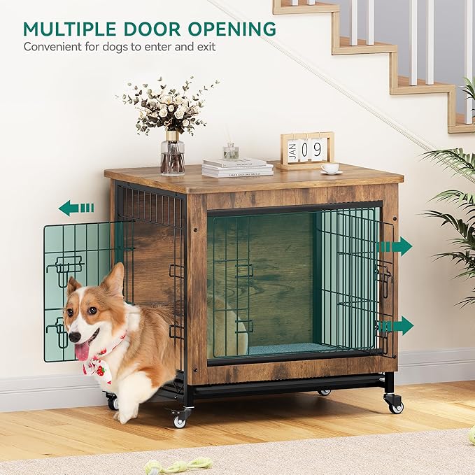 YITAHOME Dog Crate Furniture with Cushion, Dog Kennel Indoor with Wheels, 27" Dog Cage with Double Doors for Small Dog (Rustic Brown)