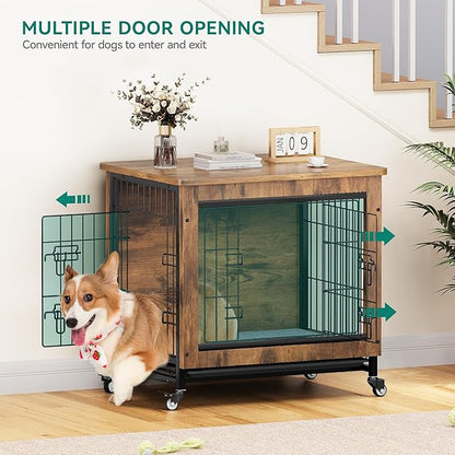 YITAHOME Dog Crate Furniture with Cushion, Dog Kennel Indoor with Wheels, 27" Dog Cage with Double Doors for Small Dog (Rustic Brown)