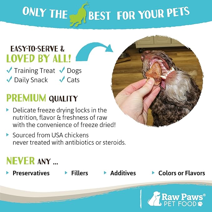 Raw Paws Freeze Dried Chicken Hearts for Dogs, 4-oz, Whole - Made in USA - Freeze Dried Hearts for Dogs - Single Ingredient Freeze Dried Chicken Dog Treats - Freeze Dried Chicken for Dogs