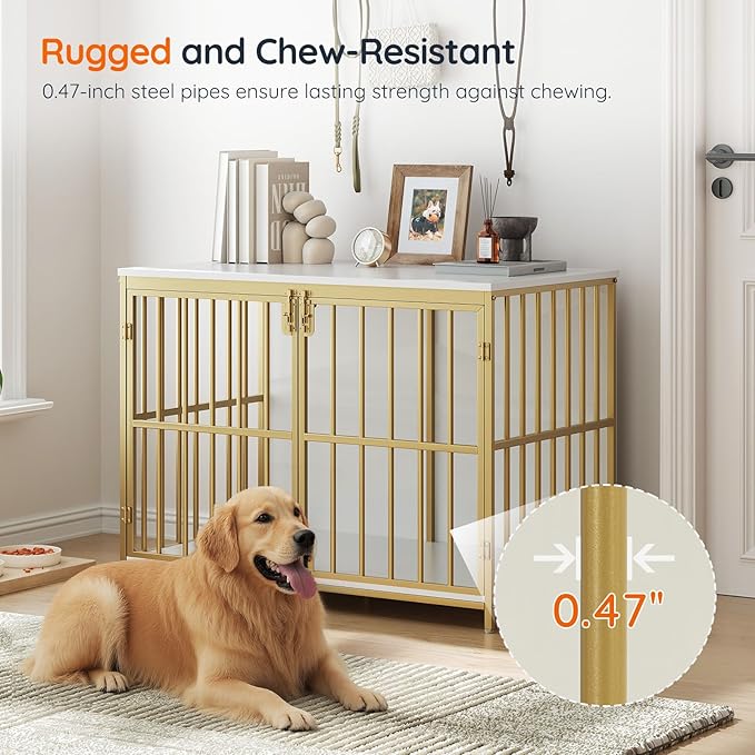 HOOBRO 38.6" Dog Crate Furniture, Wooden Dog Kennel Indoor, Chew-Resistant Heavy Duty Dog Cage for Small/Medium Dog, Decorative Side End Table, White and Gold DW100GW03