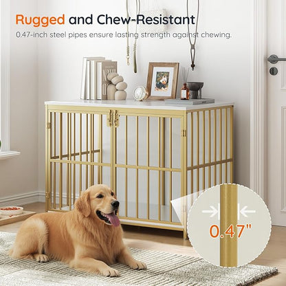 HOOBRO 38.6" Dog Crate Furniture, Wooden Dog Kennel Indoor, Chew-Resistant Heavy Duty Dog Cage for Small/Medium Dog, Decorative Side End Table, White and Gold DW100GW03