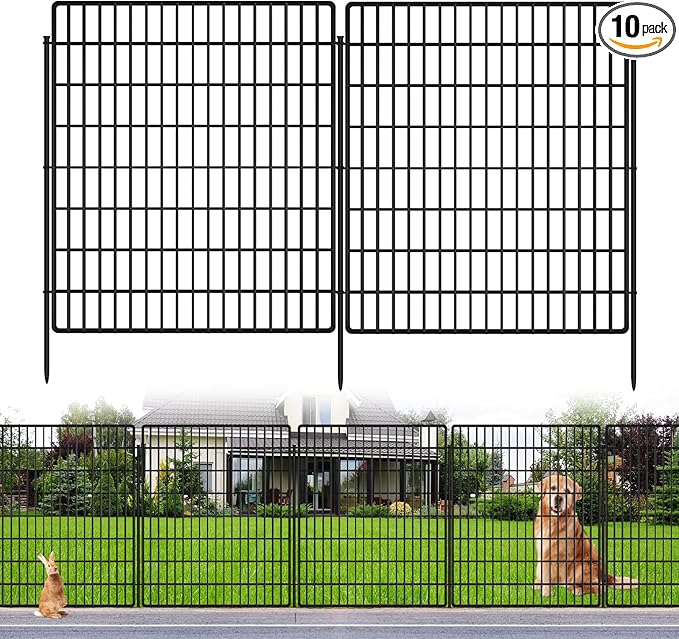 10 Panels Garden Fencing Animal Barrier, 33 in(H) X 24 ft(L) Dog Fence Outdoor for Yard Rustproof No Dig Decorative Tall Garden Fence Metal Wire Panel Border Patio Rabbit Ground Stakes Fencing