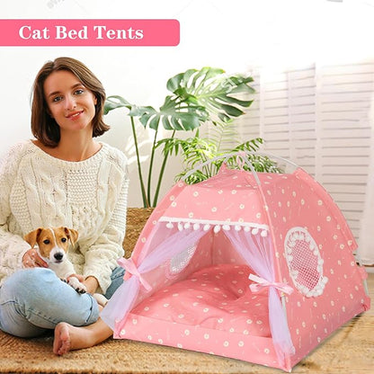 Gigreinc Cat Princess Indoor Tent House Pet Dog Cute Floral Cave Nest Bed Portable Dog Tents (M:38x38x36cm/15x15x14inch, Daisy Pink)