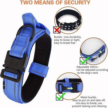 KCUCOP Tactical Dog Collar, Heavy Duty Dog Collar with Handle and Metal Buckle, Military Thick Dog Collars for Medium and Large Dogs(DarkBlue-XL-Reflective, 1 Patch)