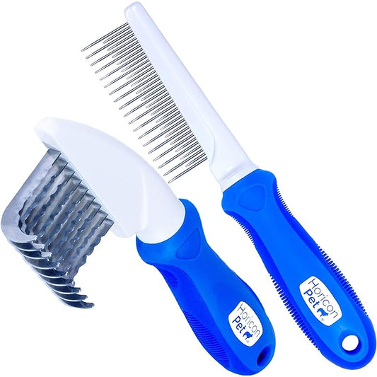 2 In 1 Dematting Razor Comb and 37 Pin Detangling Pet Comb Set - Removes Knots, Matted Fur, & Tangles Gently For Dogs & Cats