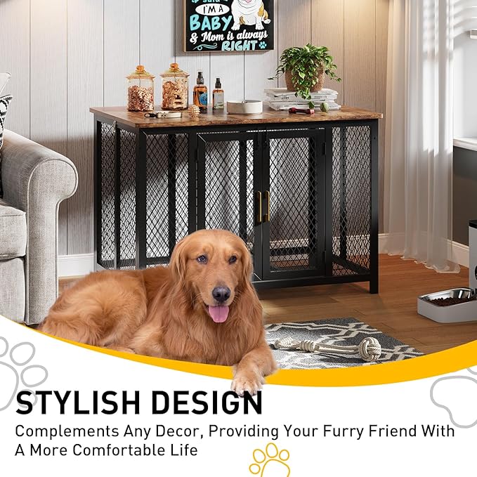 48 Inch Flip Top Dog Crate Furniture, Large Dog Kennel with 2 Doors, Latches, Heavy Duty Metal Dog Cage End Table, Farmhouse Dog Furniture for Large Medium Small Dogs, Brown