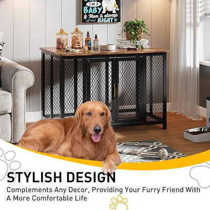 48 Inch Flip Top Dog Crate Furniture, Large Dog Kennel with 2 Doors, Latches, Heavy Duty Metal Dog Cage End Table, Farmhouse Dog Furniture for Large Medium Small Dogs, Brown